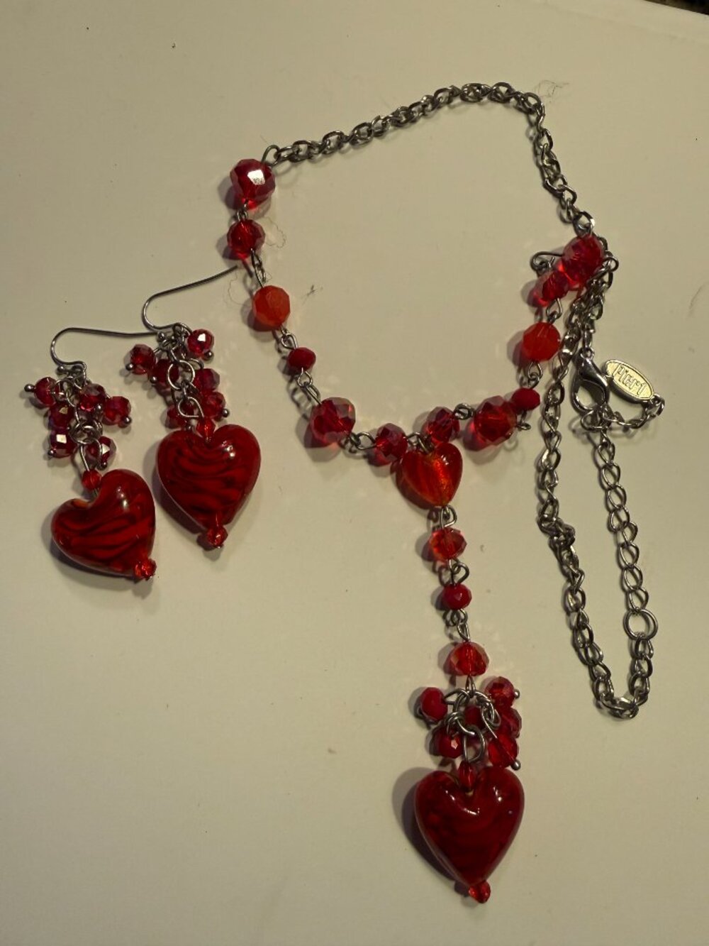 PIER 1 Vintage Red Glass Heart Faceted Bead Necklace & Earring Set